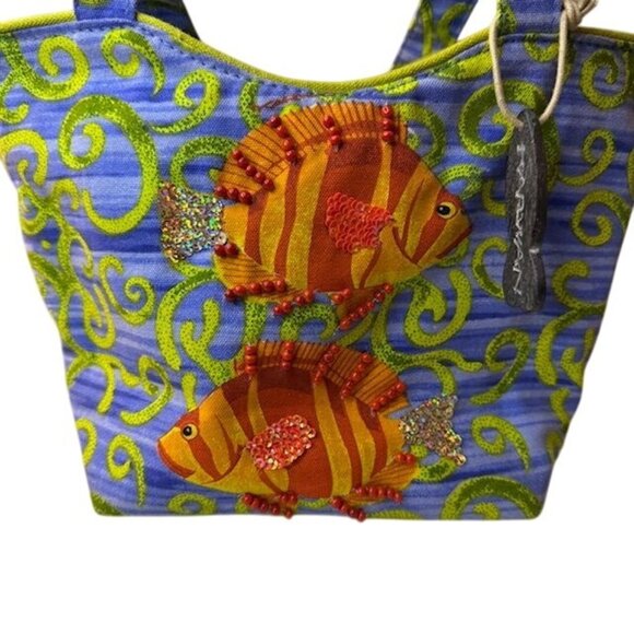 Karwan Fish Embellished Cotton Tote Bag With Beaded Design & Inner Lining - Vibr - Picture 1 of 7